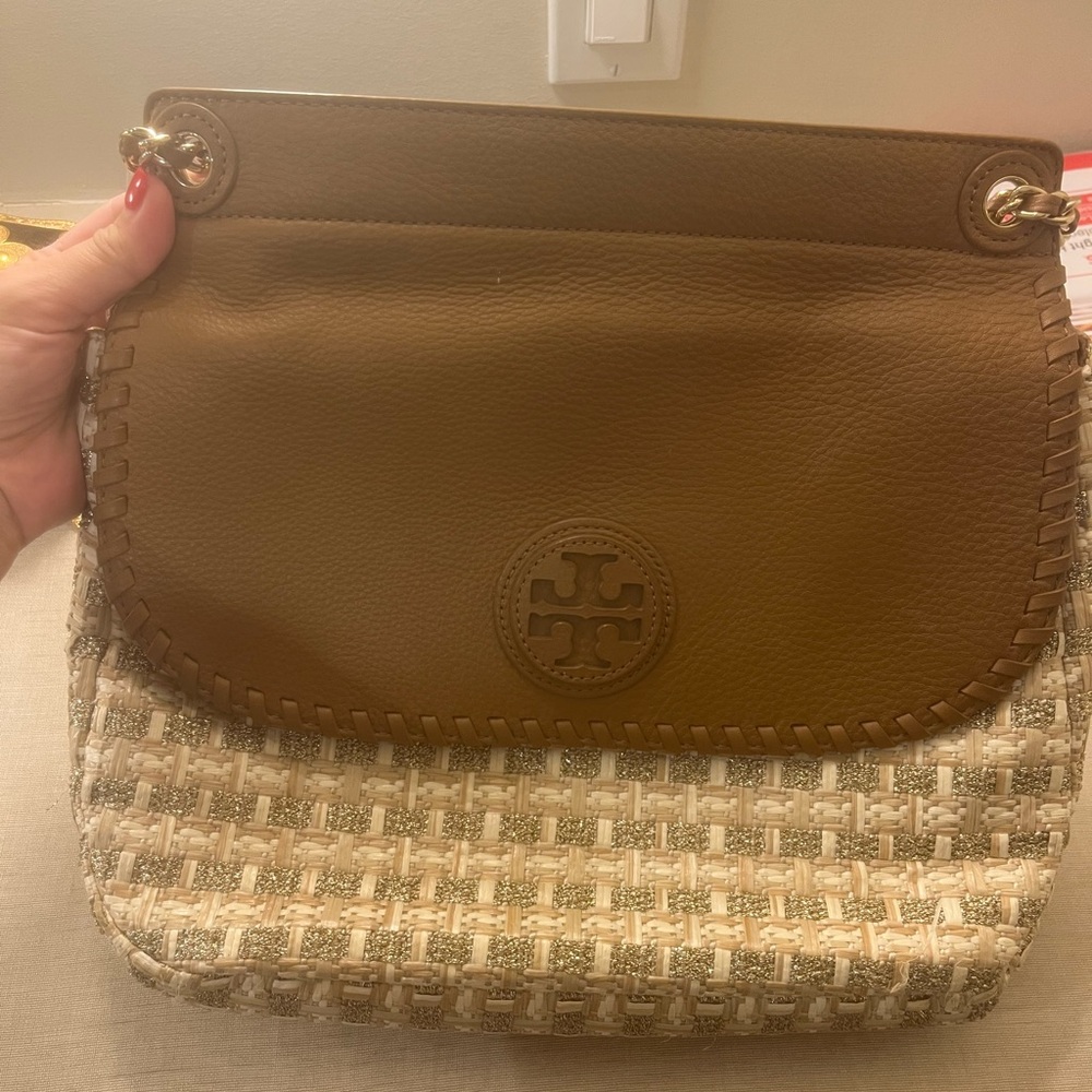 Tory Burch Brown Leather and Tan Woven Shoulder Bag